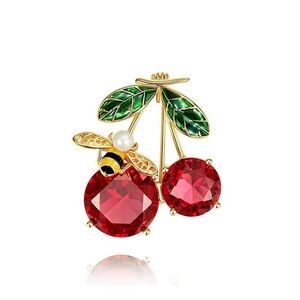 Elegant Cherry Brooch with Bumblebee Red and Green Accents